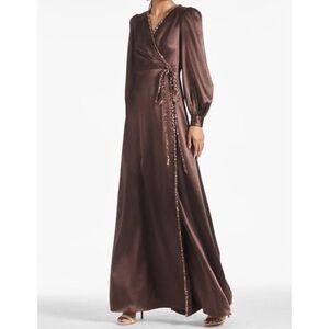 SACHIN & BABI Dorothea Sequin Embellished Long Sleeve Brown Wrap Dress Size 2